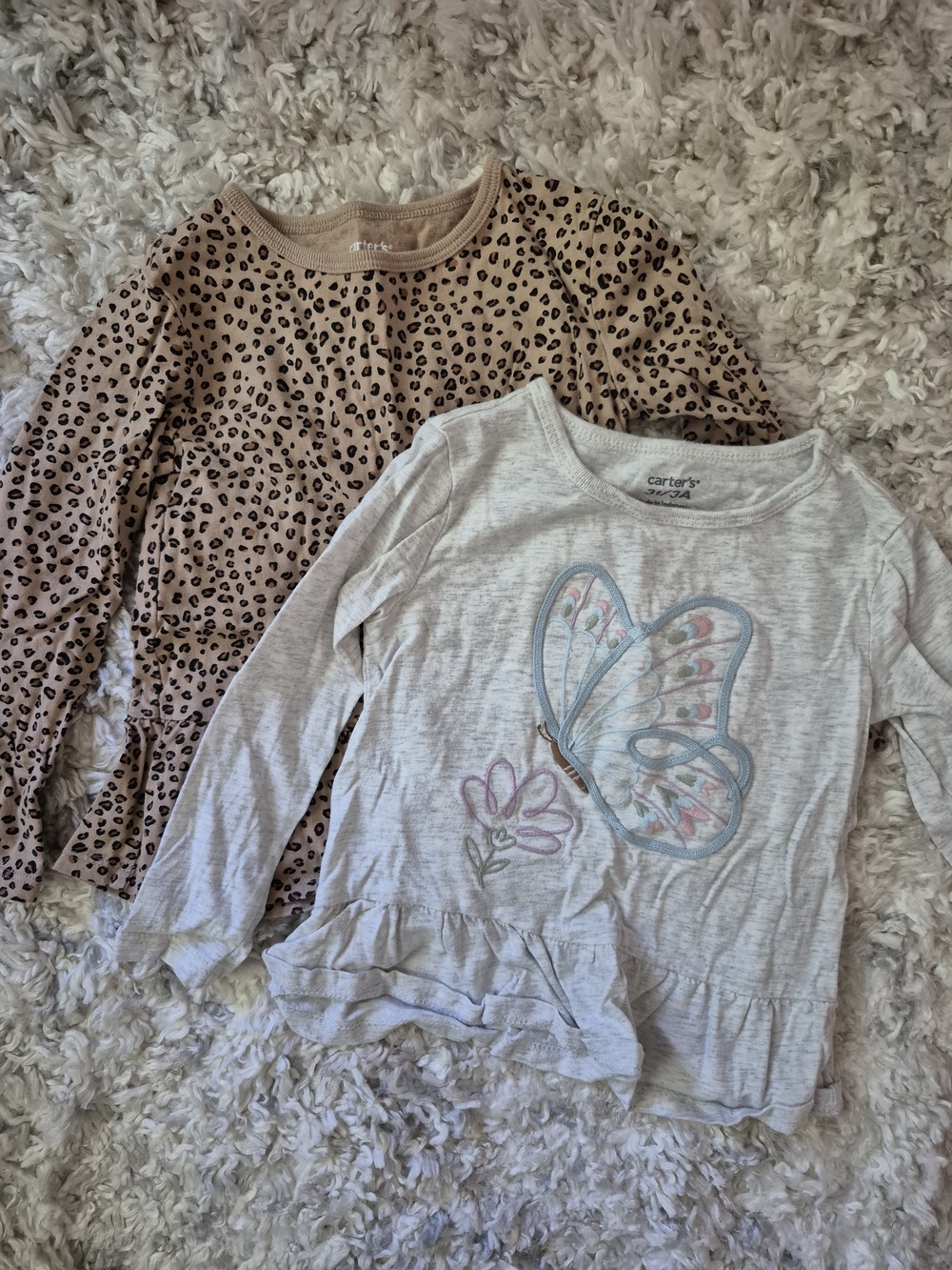Carter's Beige Leopard Print & Light Gray Butterfly Long Sleeve Tops - 2 Pack